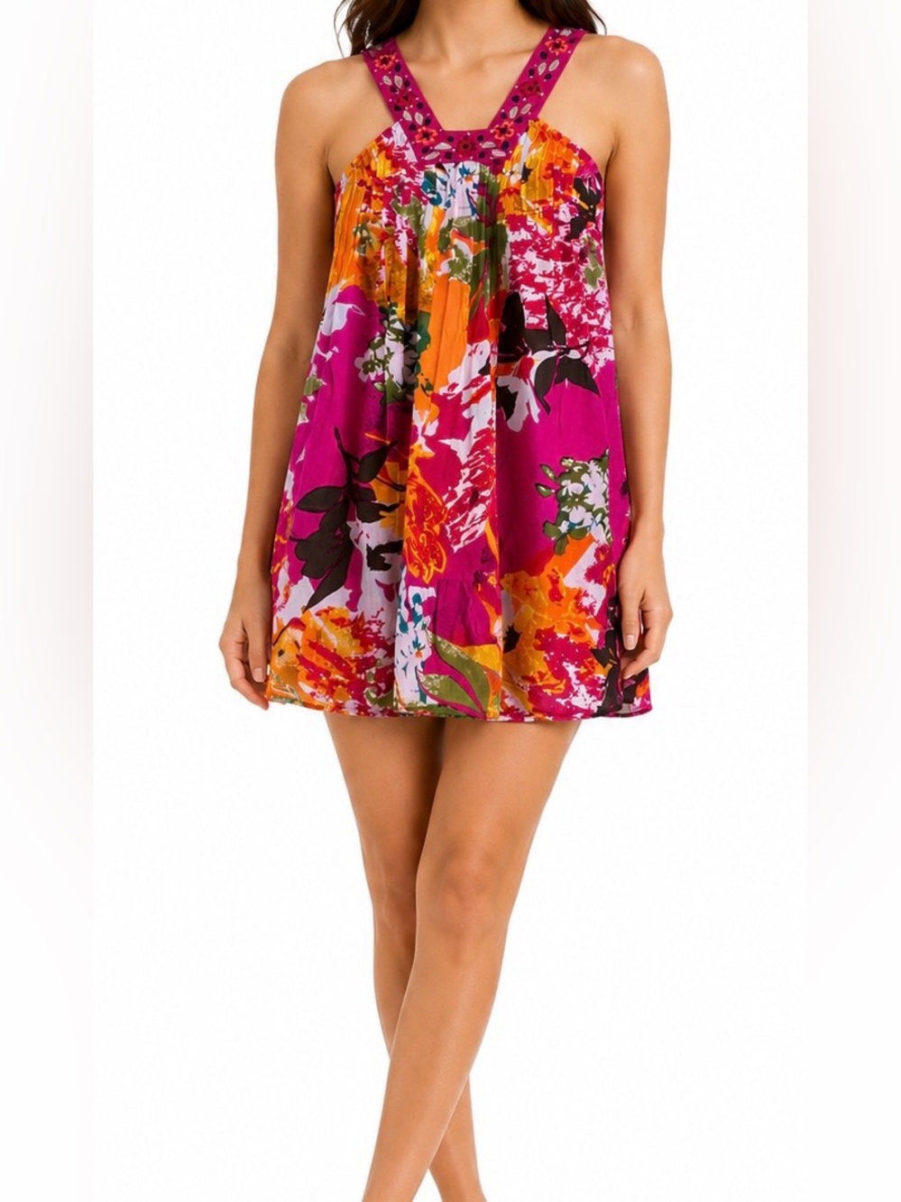Bright bohemian beach Pink Floral Mini Resort wear Dress /%100 cotton